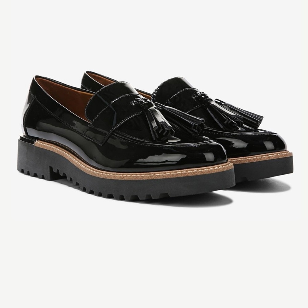 Franco Sarto Black Patent Leather Carolynn Tassel Loafers